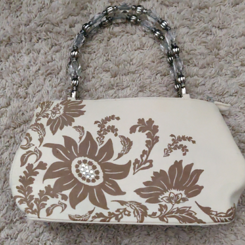 Beige Flower Print handbag with beaded handles